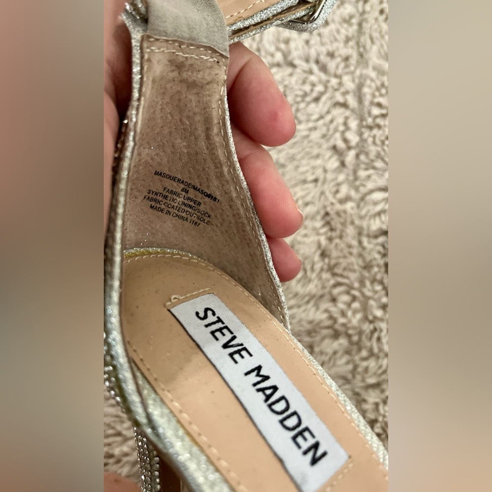 Steve Madden Heeled Sandal Silver Rhinestoned Strappy Ankle Strap Spike Heel 8 - Picture 13 of 16